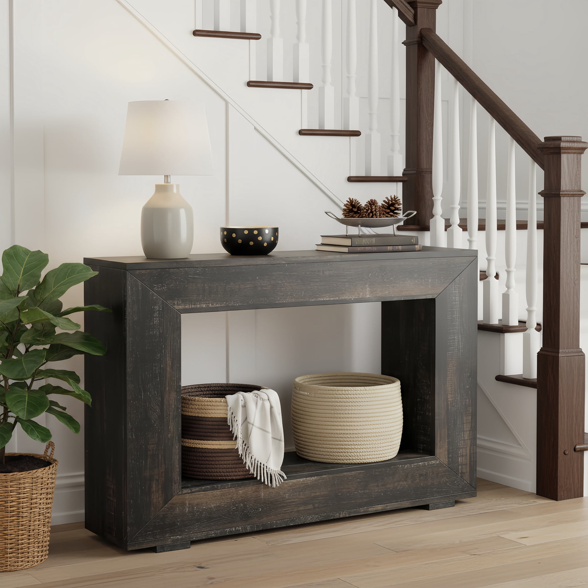 47" Farmhouse Industrial Console Table, Storage Entryway Table For Living Room, Foyer & Entrance With Wood Grain Finish (Black)