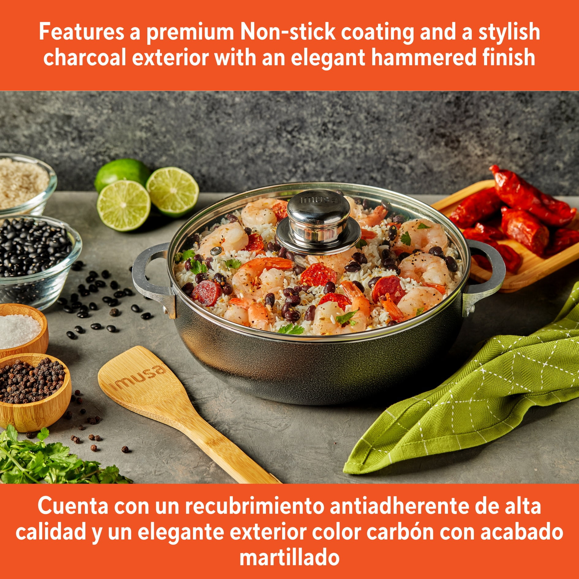 IMUSA 13.5qt Charcoal Aluminum Nonstick Caldero with Glass Lid, Black
