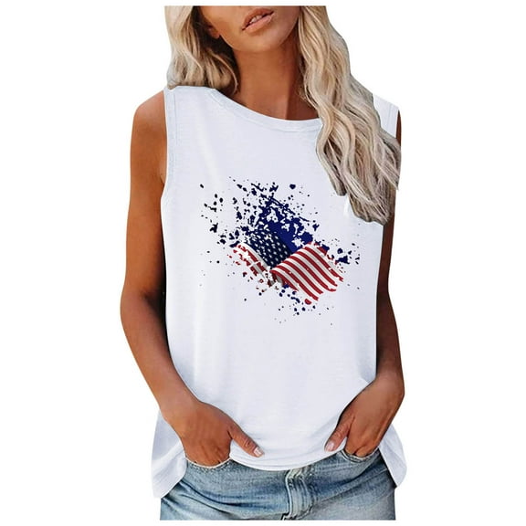 OAVQHLG3B Summer Tops for Women 4th of July Outfits for Women Patriotic ShirtsWomen's Fashion Round Neck Independence Day Printing Sleeveless Tops
