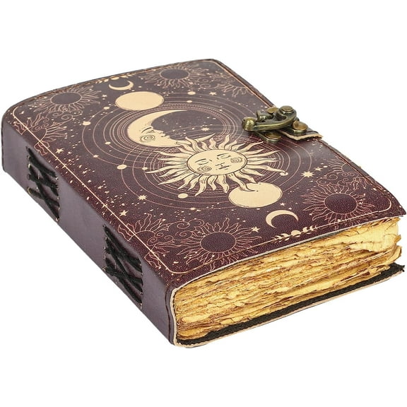 Sun & Moon Vintage Leather Journal, 200 Pages Handmade Deckle Paper, Antique Writing Notebook, Leather Sketchbook, Unique Gift 7x5 inch