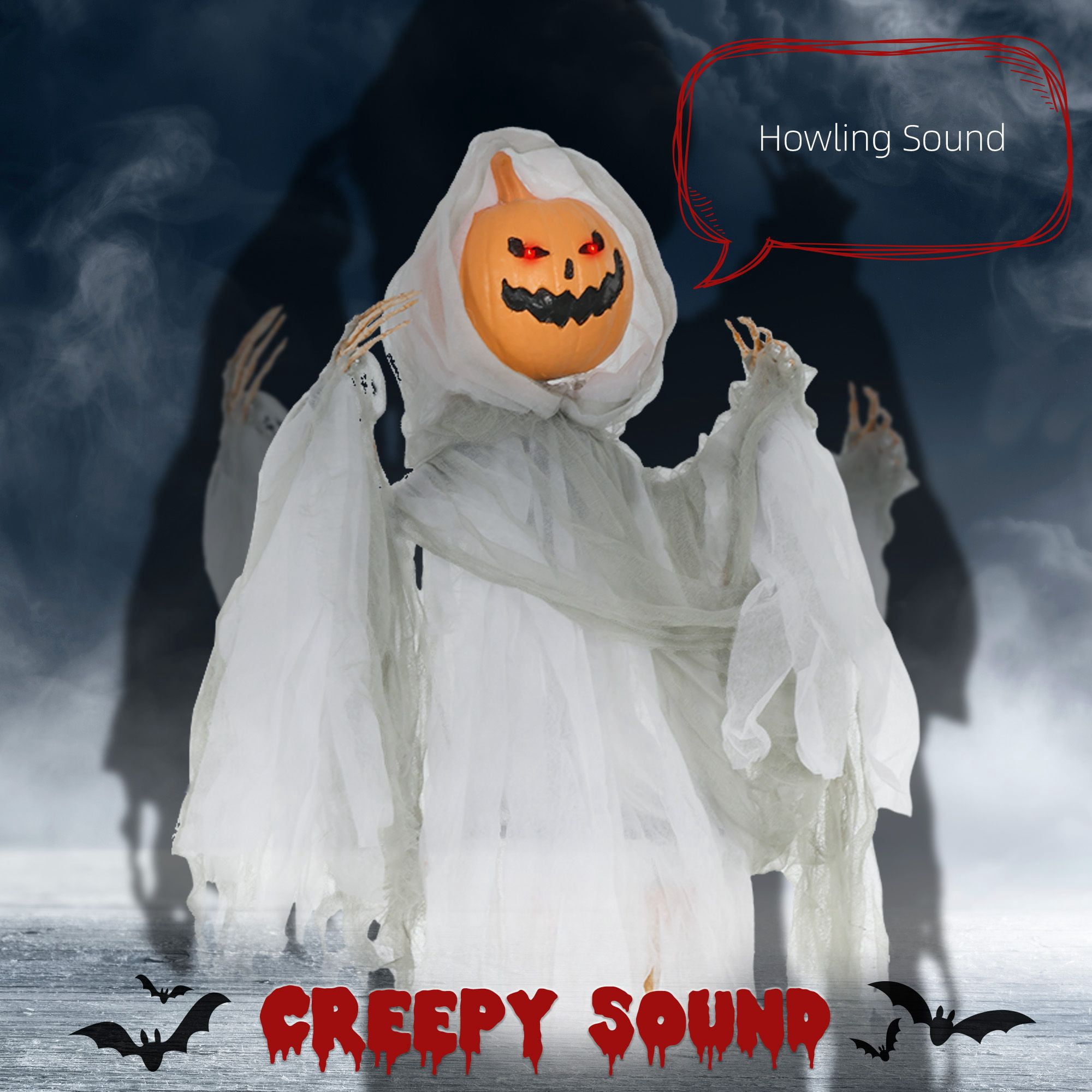 3.9' Outdoor Halloween Hanging Pumpkin Ghost w/ Light Up Eyes, Sound Activated Prop w/ Creepy Howling Sounds