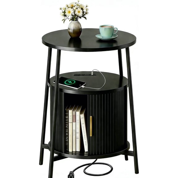 AISWORD Nightstand with Charging Station, Modern Round Bedside Table with Sliding Door Storage, Black