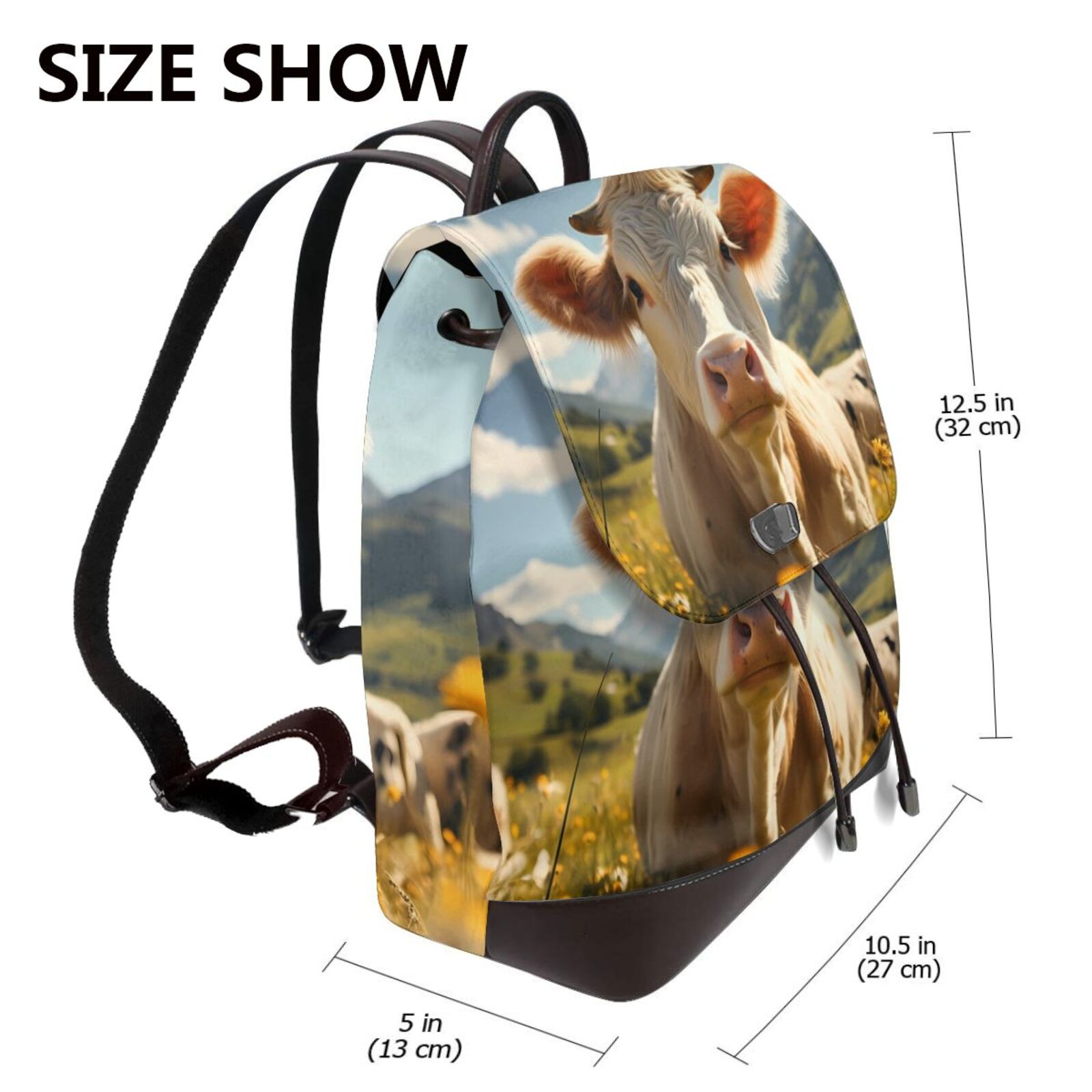 Xecao Sunflower Cow Pasture Print Large Backpack Soft Leather for Women Travel with Compartment, Adjustable Convertible Strap
