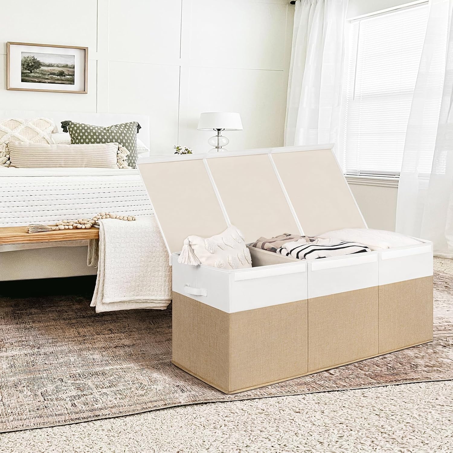 185L Extra Large Toy Box, Toy Storage Organizer Collapsible Storage Bins with Lids Toy Chest for Playroom, Living Room, Toy Baskets Storage Kids, Boys Girls 39" x 17" x 17" (Beige & White)