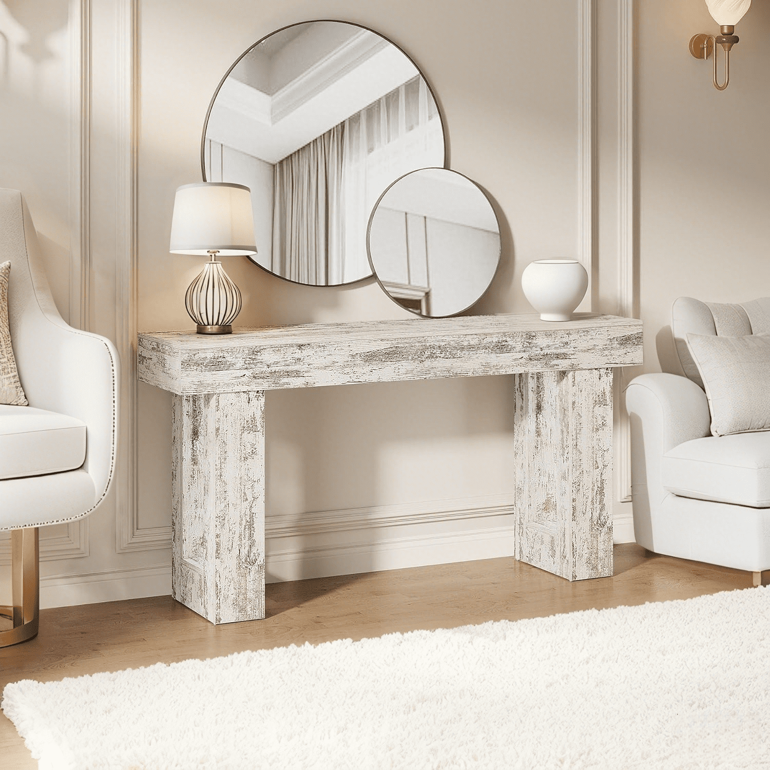 Tribesigns 63-Inch Long Console Table, Farmhouse Entryway Table for Entrance, Hallway, Living Room（Distressed White)