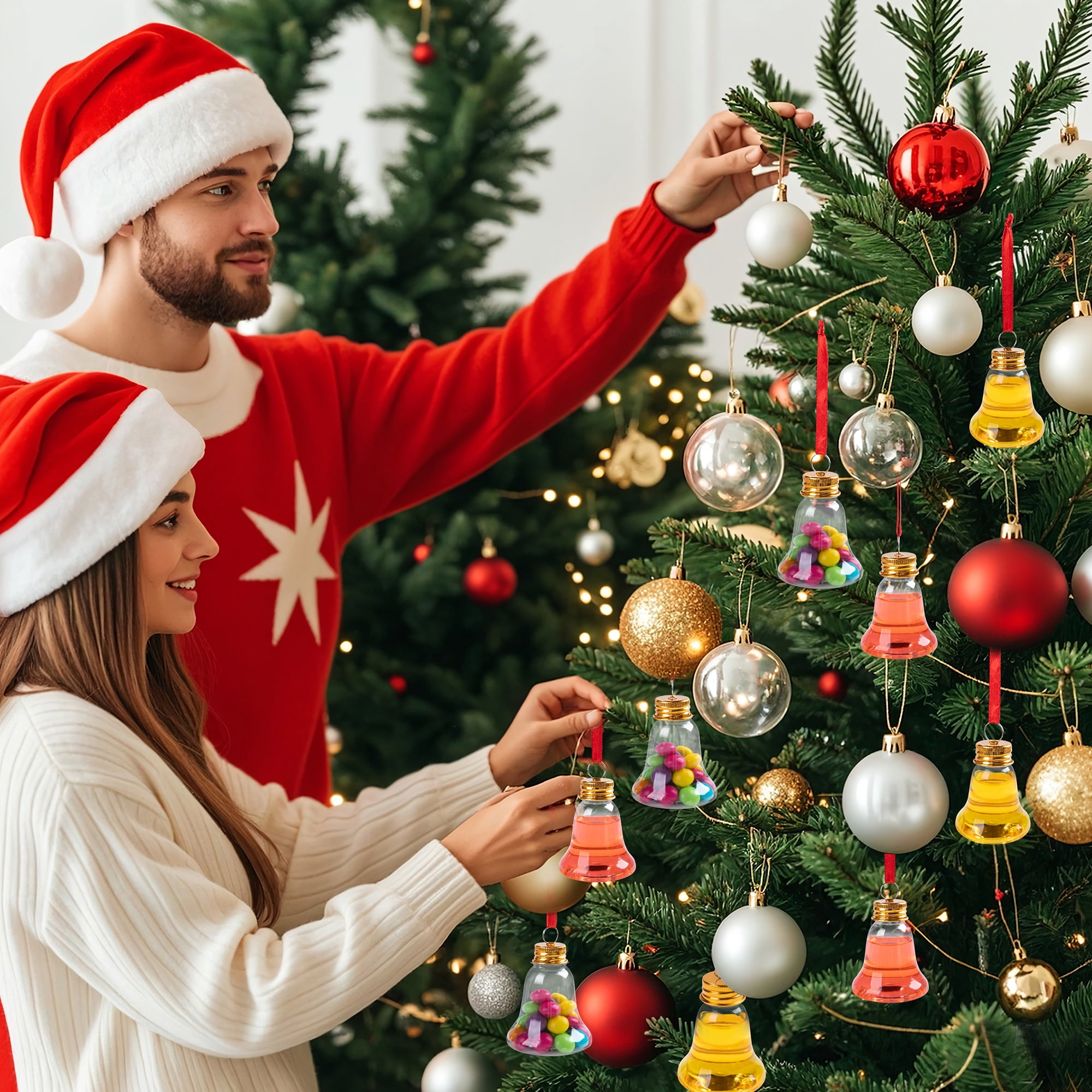 Fillable Christmas Ornament Drink Balls, 50ml Reusable Plastic Bell-Shaped Ornaments, 6-Piece Set for Tree Hanging and Holiday Decorating