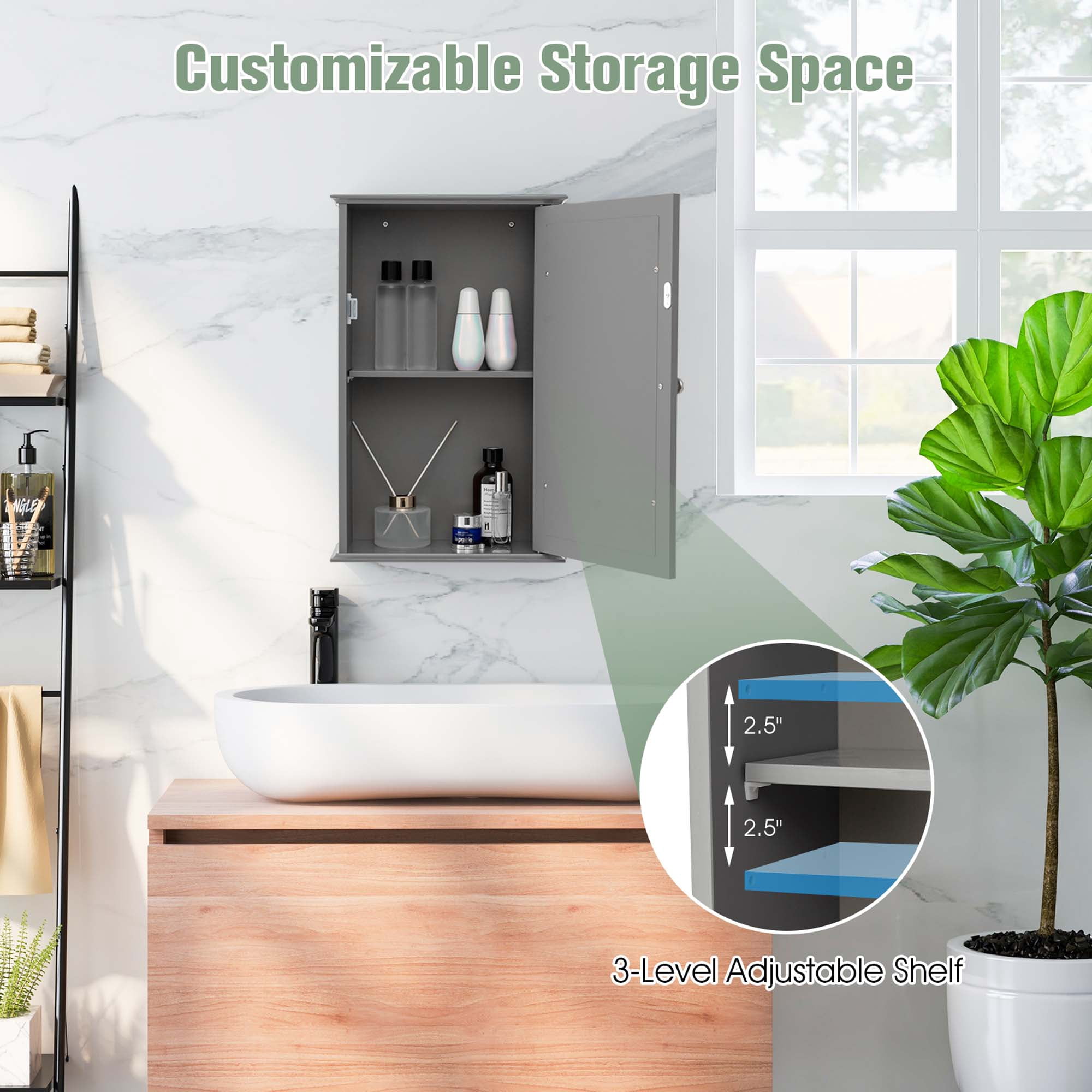 Costway Bathroom Wall Cabinet Single Mirror Door Cupboard Storage Medicine Cabinet Wood Shelf Grey