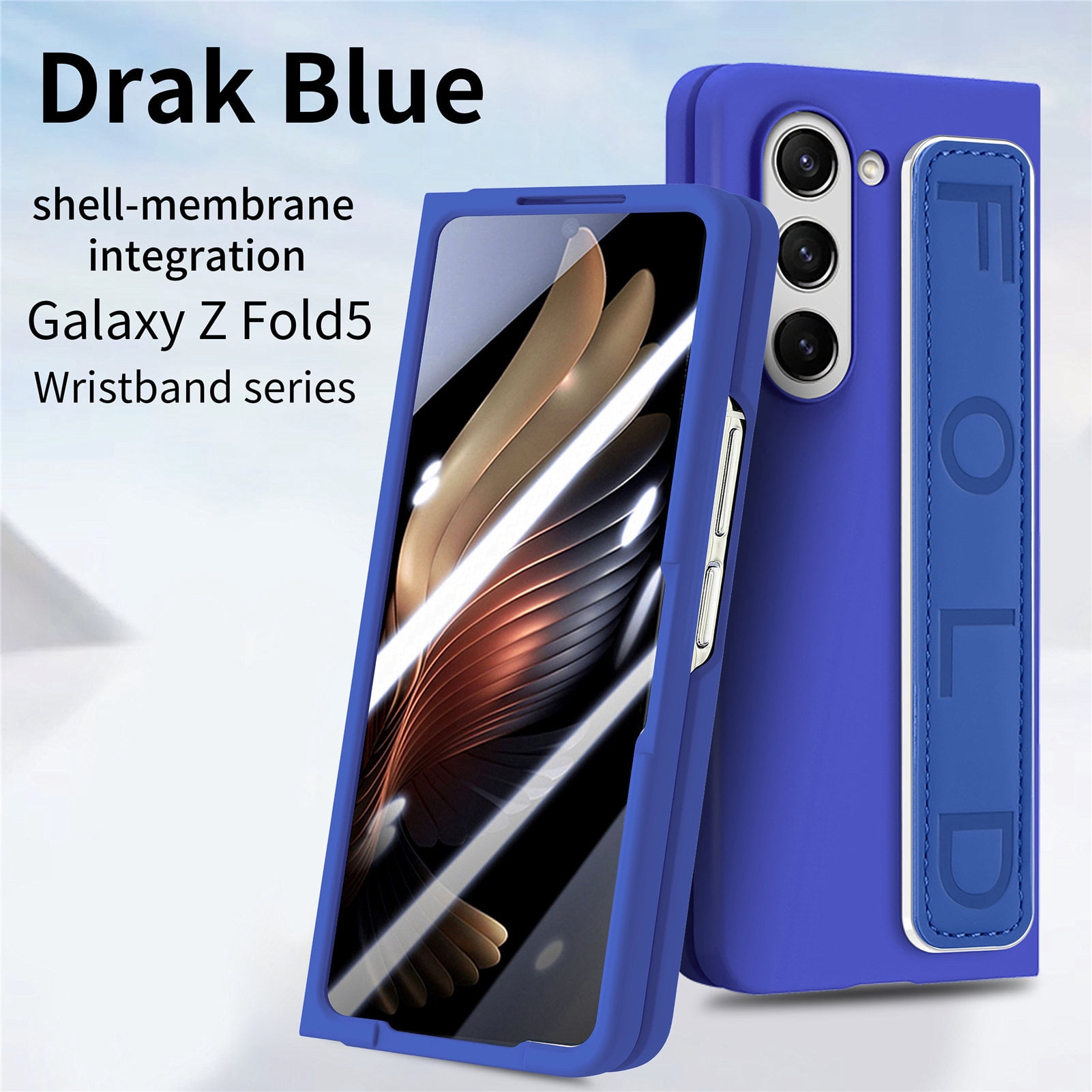 for Samsung Galaxy Z Fold 5 Case with Strap, [Non Slip Silicone Touch] Slim Protective Phone Case with Elastic Finger Wristband, Shockproof PC Cover for Samsung Galaxy Z Fold 5 2023 - Blue