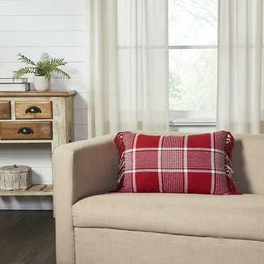 VHC Brands Farmhouse Christmas Decorations Eston Red White Plaid Pillow Fringed 14x22