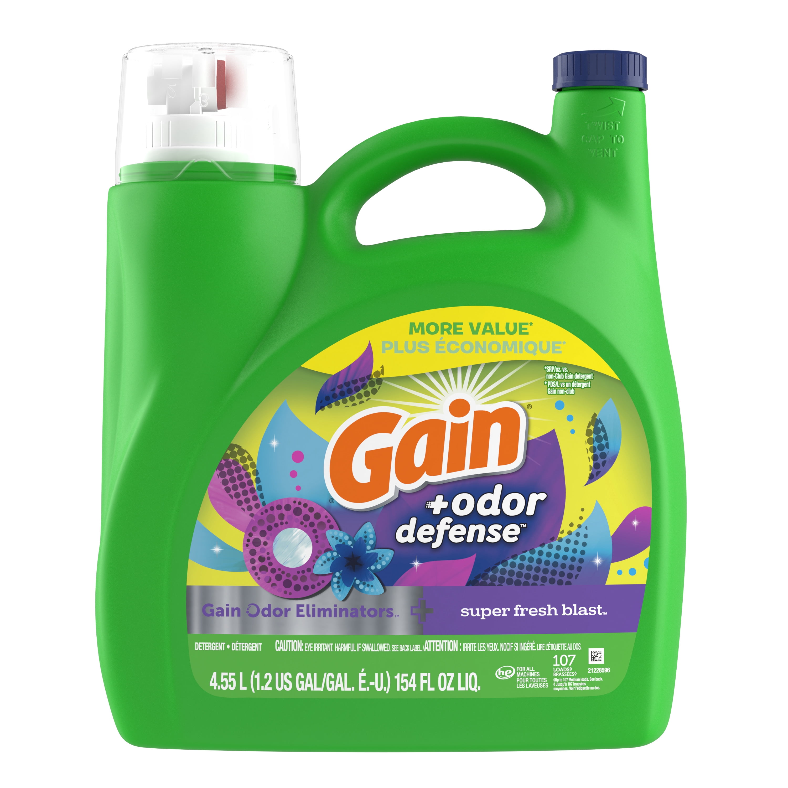 Gain Odor Defense Liquid Laundry Detergent, Super Fresh Blast Scent, 154 fl oz, 107 Loads