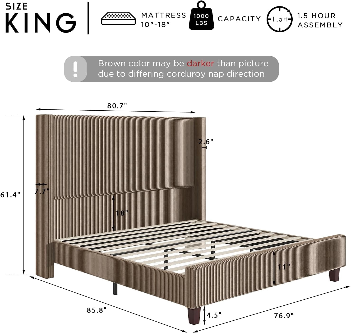 Amerlife King 61" Corduroy Upholstered Bed Frame with Wingback Headboard, Vertical Stripe, Brown