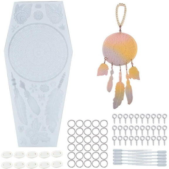 Dream Catcher molds Resin Casting molds Silicone Moulds with Iron Screw Eye Pin Peg Bails Latex Finger Cots for DIY Making Epoxy Mould 3D Feather Shape Art molds Set