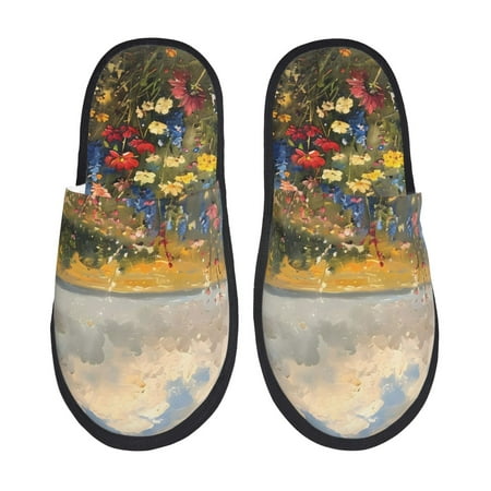 

Qekee Vibrant Wildflower Meadow Print Furry Slippers for Women and Men House Slipper Funny Bedroom Slippers Indoor -Medium