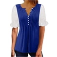 thumbnail image 1 of Plebaso Hauts d'Été pour Femmes Patchwork Dentelle Manches Courtes Tunique Décontractée Boutonnée Col en V Blouses Habillées, 1 of 6