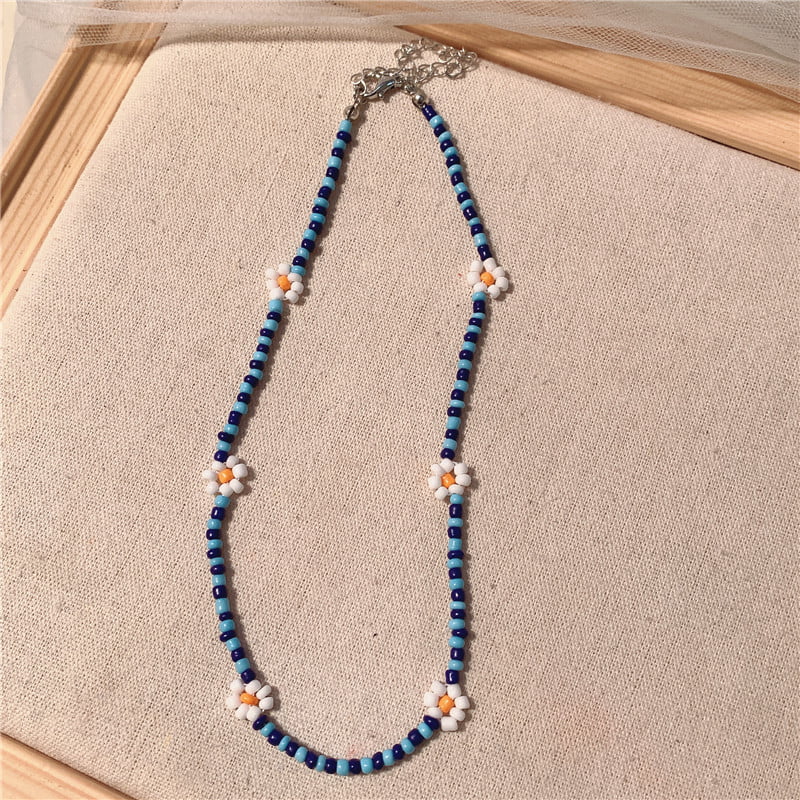 Blue flower beaded choker necklace