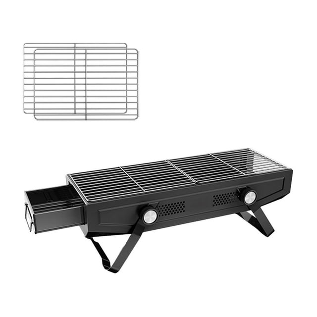 Parrilla de carbón para barbacoa, parrilla de camping, parrilla portátil de leña, plegable. Negro sin sartén