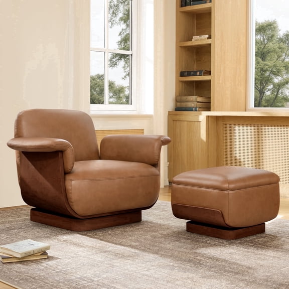 ReNest Modern Swivel Accent Chair and Storage Ottoman Set with Top-Grain Leather, FSC-Certified Wood Frame, 360° Swivel,Saddle, Single