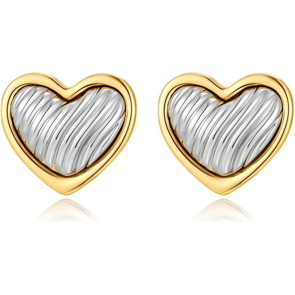 Two Tone Heart Stud Earrings Statement Mixed Metal Chunky Puff Heart Ribbed Earrings 90s Silver and Gold plated Tone Textured Earrings