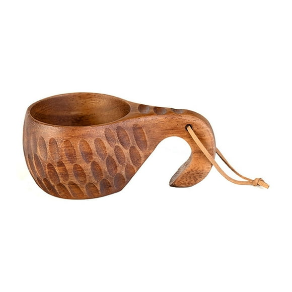 Japanese Wooden Cup with Leather Strap, Handcrafted from Acacia Wood, Portable Drinking Vessel for Wine, Tea, or Coffee