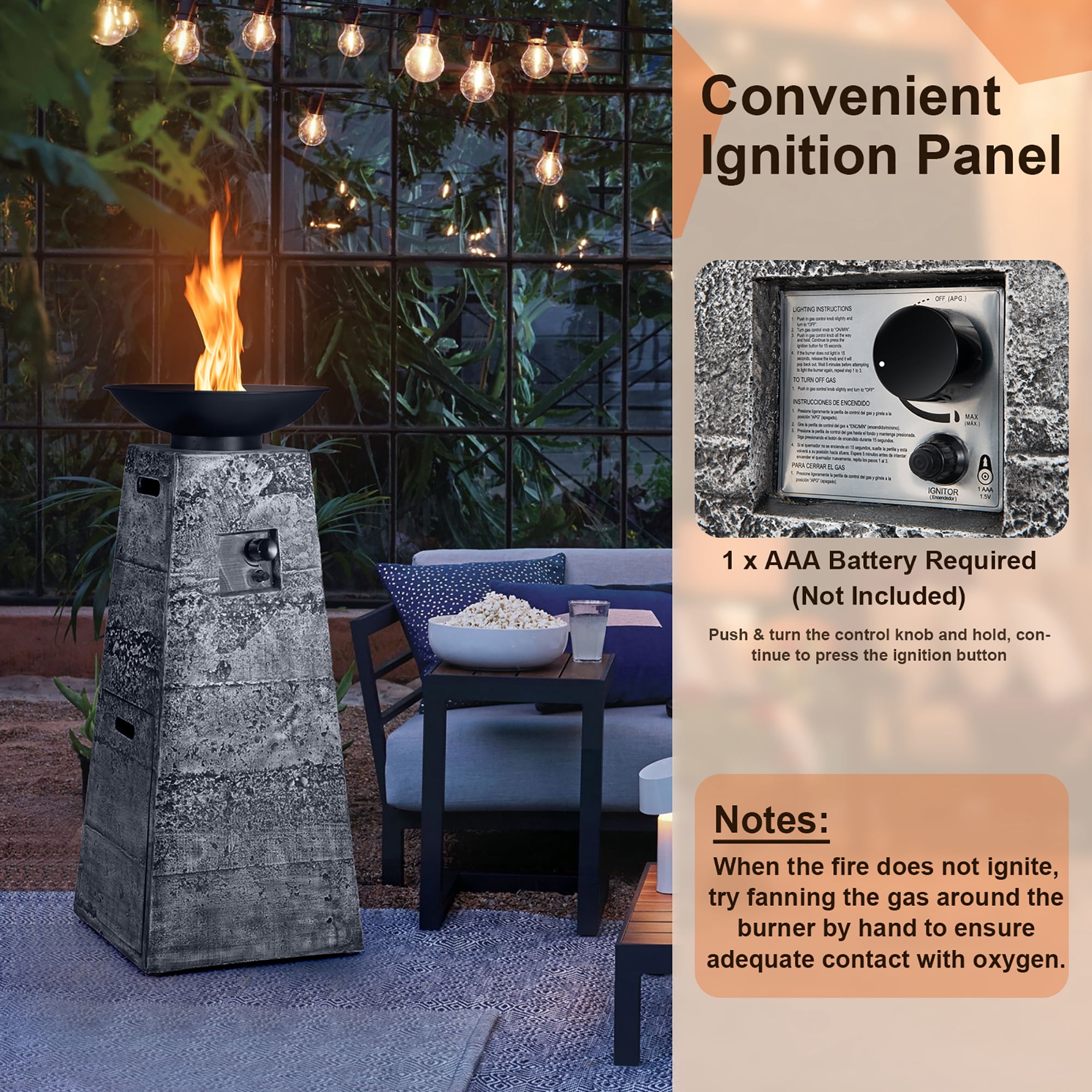 Costway 48'' Outdoor Propane Fire Bowl Column W/ Lava Rocks & PVC Cover 30,000 BTU