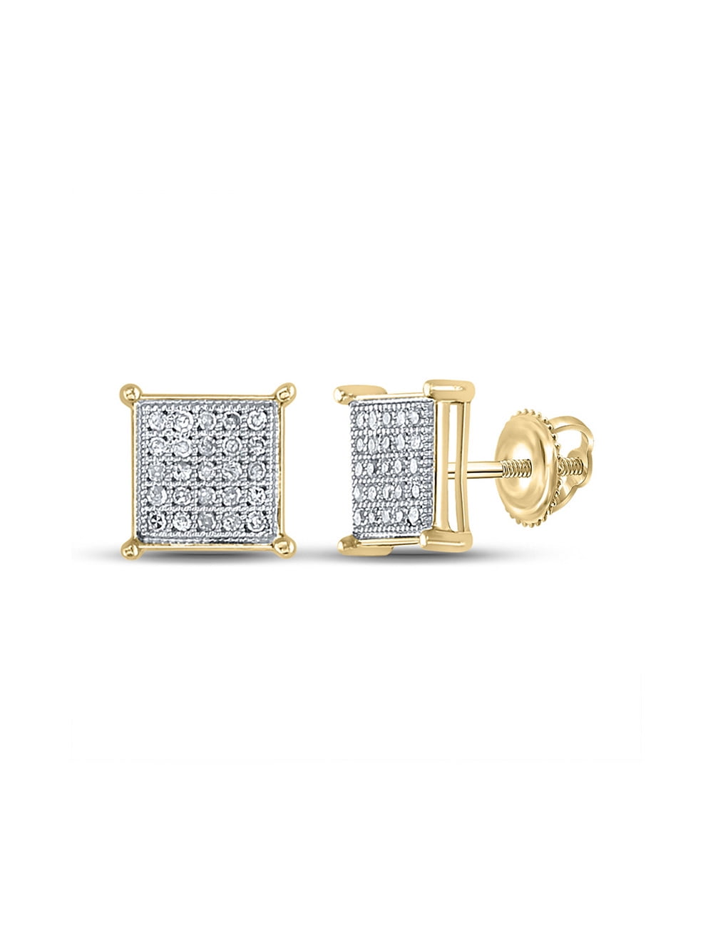 925 Sterling Silver Yellow Gold-Plated Round Black And White Diamond Square Shaped Halo Micro Pave Set Stud Earrings .29 cttw