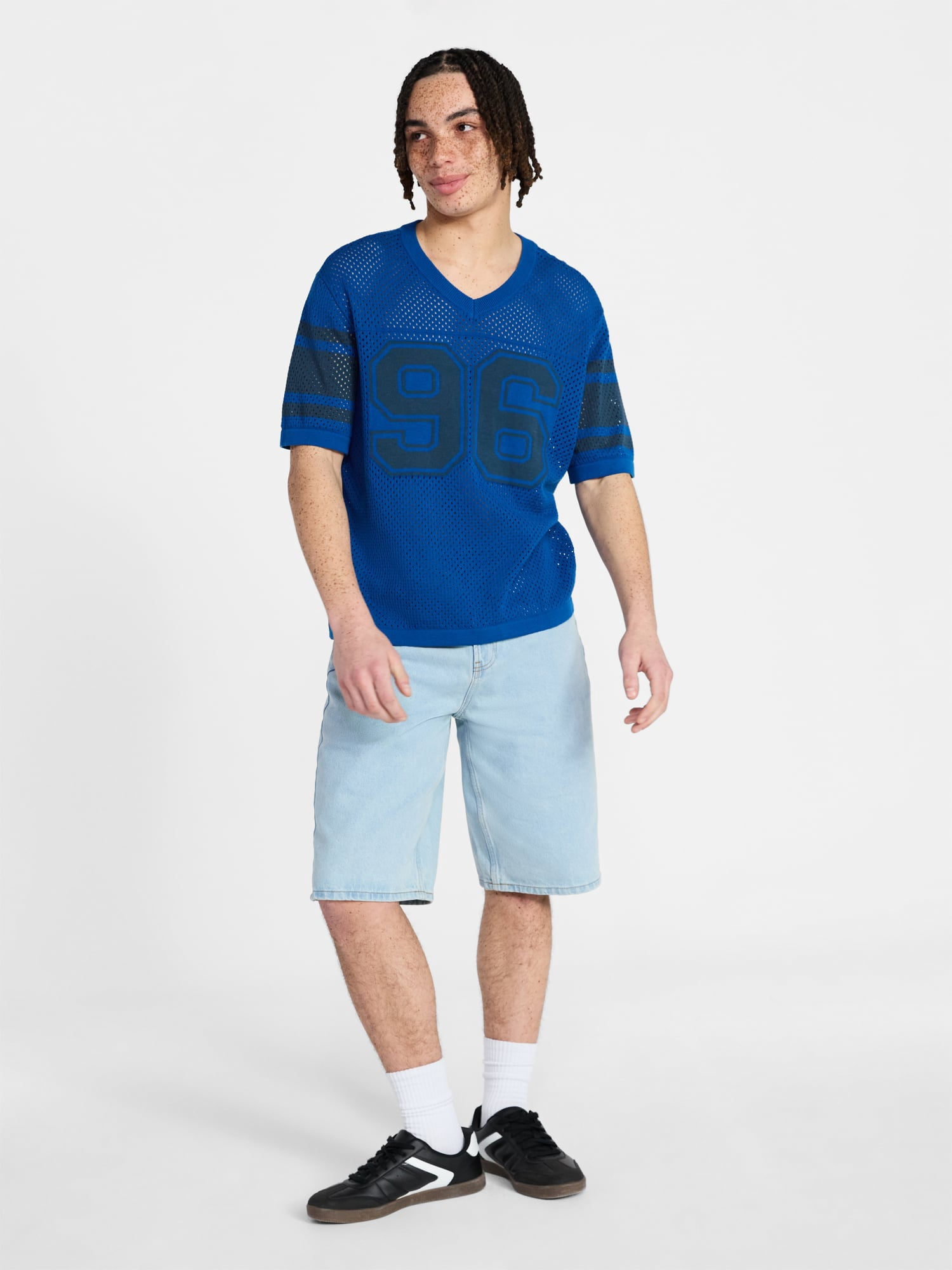 No Boundaries Mesh Sweater Knit Football Jersey Inspired Shirt with Short Sleeves, Men's XS-3XL