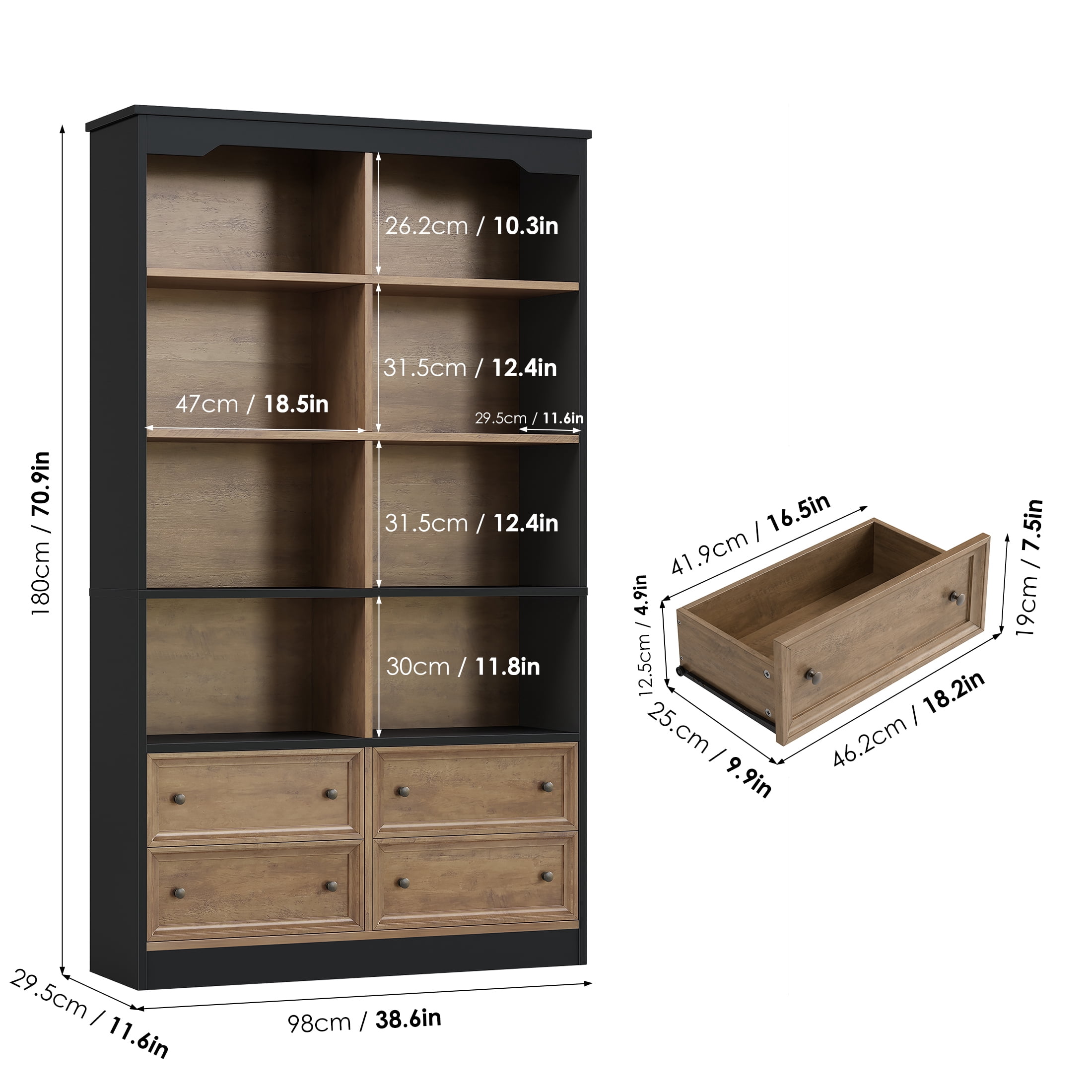 Homfa Double Row 6 Tier Bookcases, 71 in Tall Bookcase Bookshelf with 4 Drawers and 8 Display Cubicles, for Home Office Living Room, Black& Oak