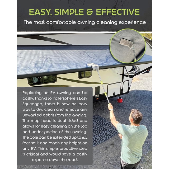 Trailersphere Awning Mop ESAM01 Easy Sqeegee; Dual Sided Machine Washable Microfiber Pad; Rotating Head; With One Mop Head/Seven Section Pole/Handle and Storage Box