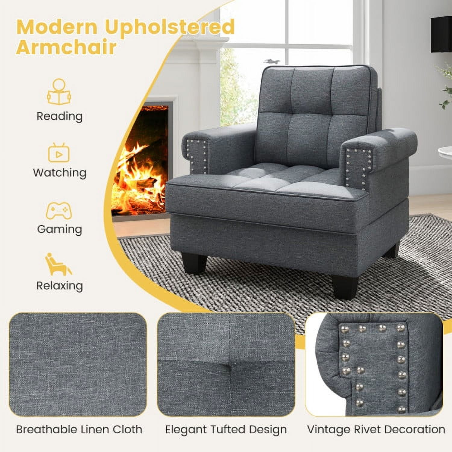 Finihen Accent Chair, Upholstered Accent Armchair, Mid-century Modern Accent Armchair Tufted Linen Club Chair, for Living Room, Bedroom, Reception Room, Gray Finihen Accent Chair, Upholstered Accent Armchair, Mid-century Modern Accent Armchair Tufted Linen Club Chair, for Living Room, Bedroom, Reception Room, Gray