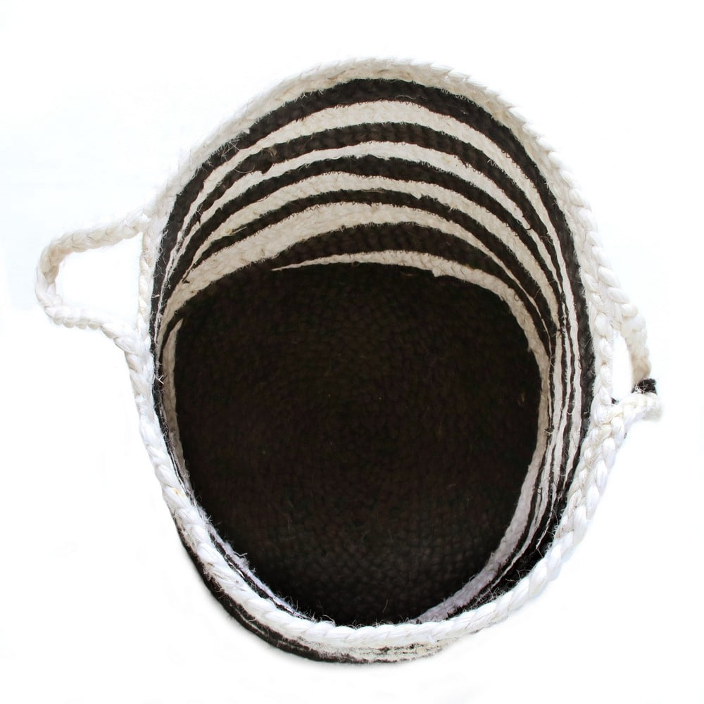 LR Home Woven Round Jute 19" Storage Basket with Handles, Black/White Multi Stripe