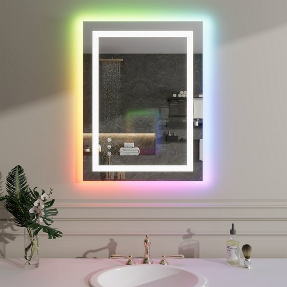 RGB LED Bathroom Mirror, Smart Home Anti Fog LED Mirror, Dimmable Front Backlit Bathroom Mirror with Shatter Proof, IP54 Waterproof