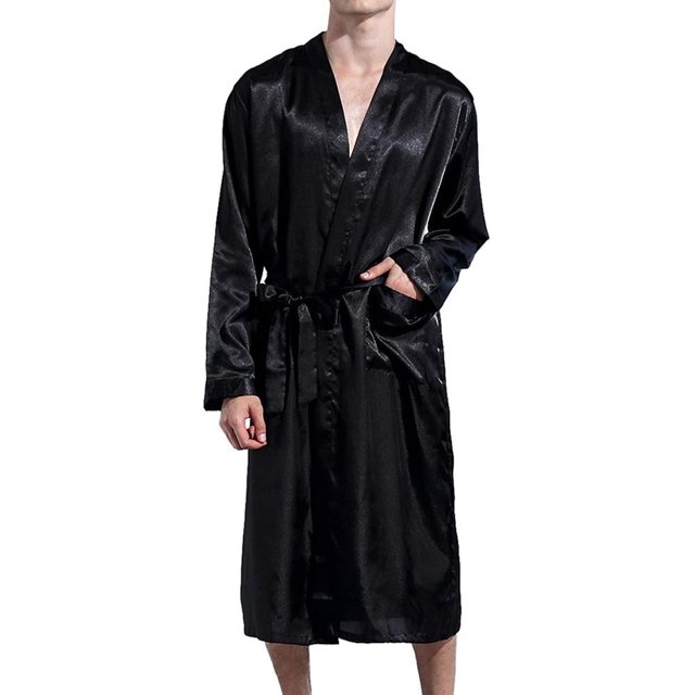 Men‘s Imitation Silk Bathrobe Long Open The Front Home Service with Pocket