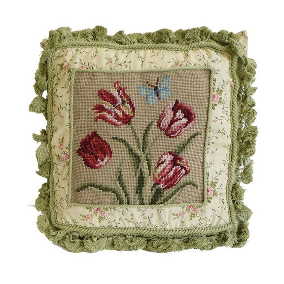 Butterfly And Tulips Needlepoint Pillow, 16" x 16"