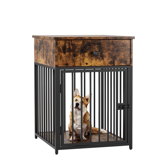 Dog Crate Furniture, Dog House with Drawer, Decorative Dog Kennel End Table for Small Dogs, Chew-Proof Iron Frame & MDF Pet Cage, Multi-Functional Side Table for Home Decor