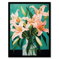 Peach Lilies Oil Painting Teal Green Pink Flowers in Glass Vase Colourful Art Print Framed Poster Wall Decor 12x16 inch