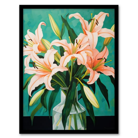 Peach Lilies Oil Painting Teal Green Pink Flowers in Glass Vase Colourful Art Print Framed Poster Wall Decor 12x16 inch
