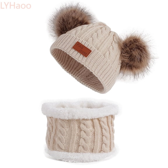 LYHaoo Toddler Winter Hat Scarf Set For Baby Girl Boy Knitted Warm Lined Skiing Caps Lovely Pompom Kids Beanie Knit Caps,Beige