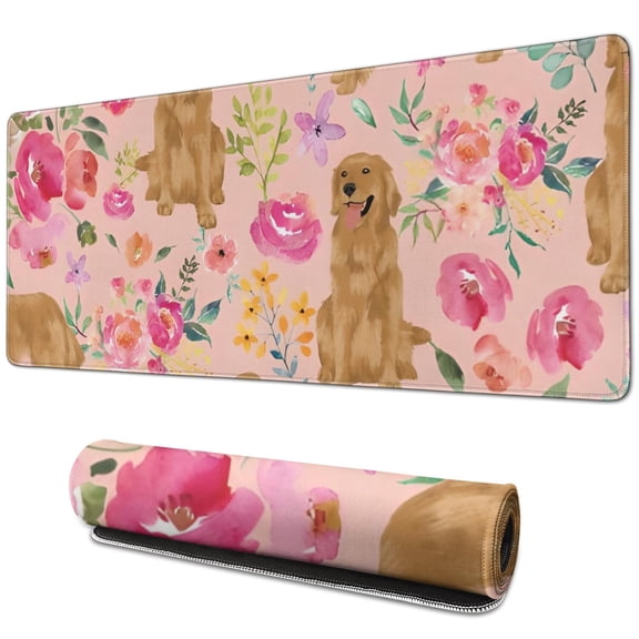 Long Mouse Pads for Desk,Golden Retriever with Flowers Desk Mats on Top Of Desks, Desk Mouse Pad Extra Large with 3mm Non-Slip Base and Stitched Edge for Gaming,Office,Work,Home 31.5"x11.8"