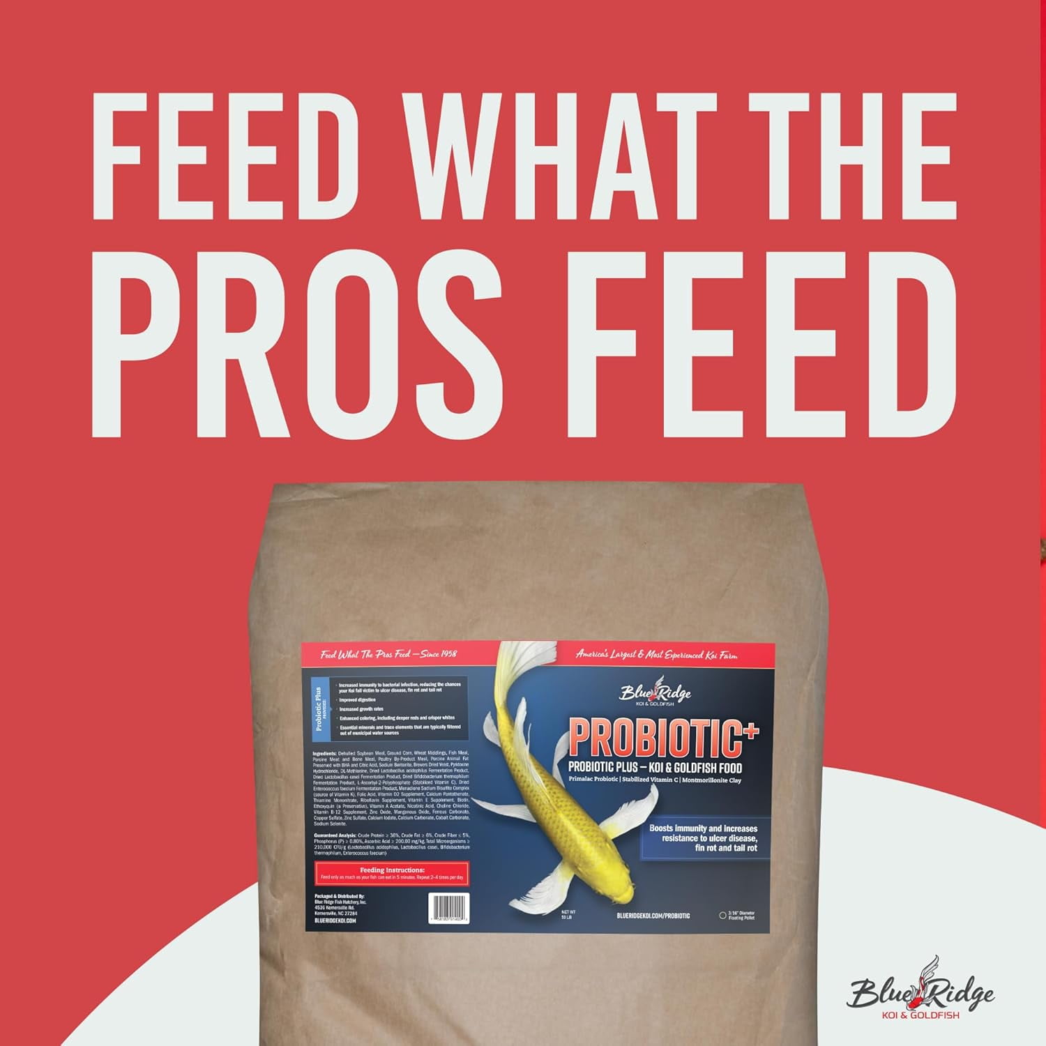 Blue Ridge Koi Fish Food 50lb - Koi Food 3/16” Probiotic Plus, Goldfish Food, Premium Fish Food for Ponds, Ponds Fish Food, Koi Food Fall and Winter Fish Food, Floating Pond Pellets