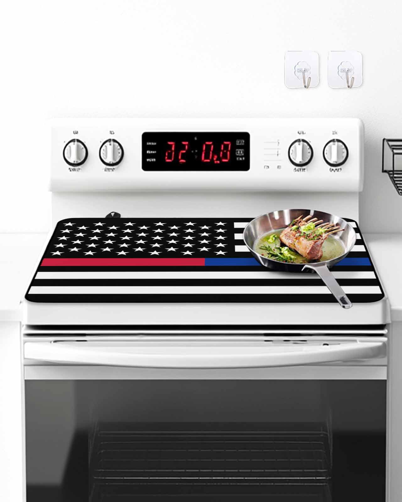 Stove Top Covers for Electric Stove, Thin Red Blue White Line Glass Stovetop Cover Protector, American Flag Star Induction Cooktop Protector Oven Mat for Kitchen Countertop 31"x24"