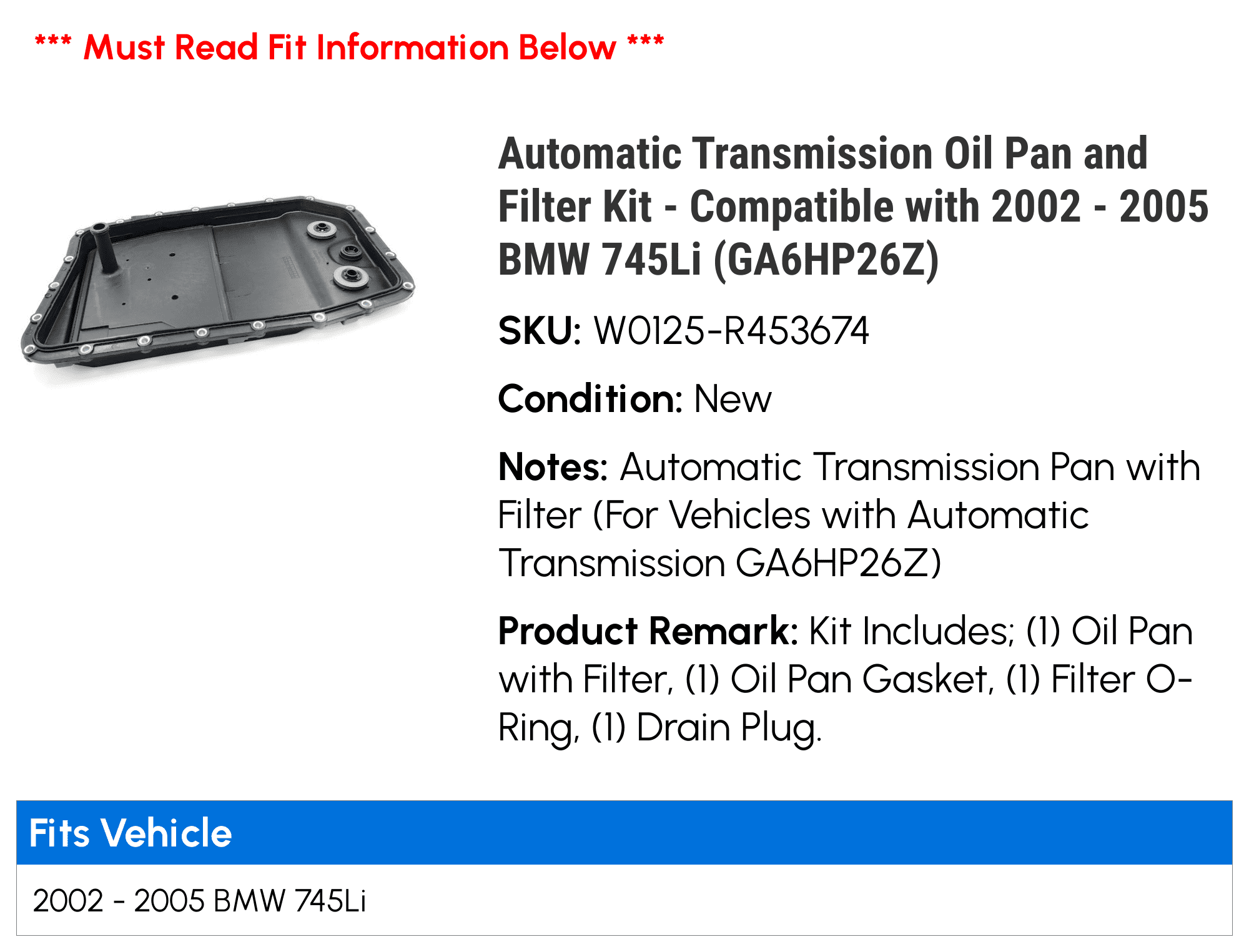 Automatic Transmission Pan and Filter Kit - Compatible with 2002 - 2005 BMW 745Li (GA6HP26Z) 2003 2004