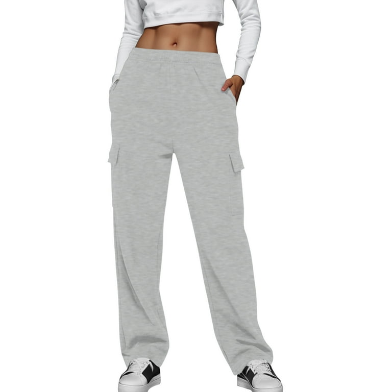 Susanny Women's Cargo Sweatpants Straight Leg with Pockets High Waisted  Drawstring Joggers Pants Fleece Lined Workout Baggy Petite Drawstring