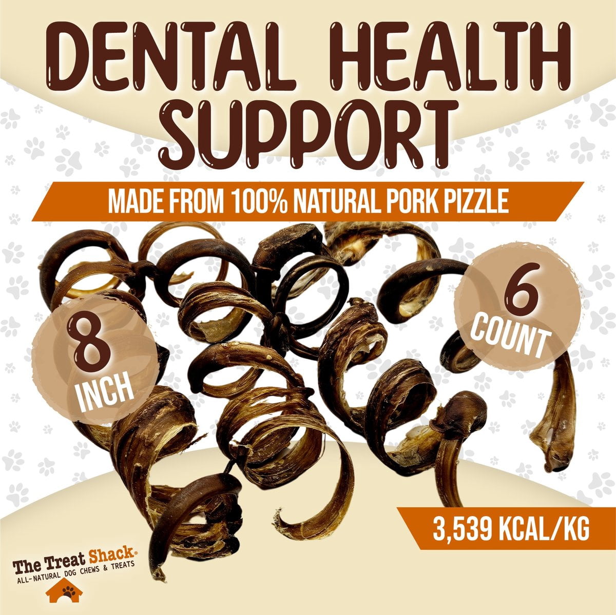 The Treat Shack 8-in Pork Pizzle Springs Natural Dog Chew Treats, 6CT