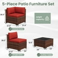 thumbnail image 3 of Poteban 5 Pieces Outdoor Sectional Sofa Set , PE Wicker Rattan Slanted Back Outdoor Conversation with Cushions and Glass Coffee Table for Backyard Garden, Wine Red, 3 of 11
