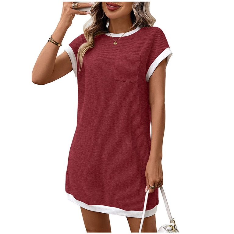 ringer t shirt dress Women's Casual Mini T-Shirt Dress Short Sleeve Contrast Ringer Neck Pocket  Shift Dress Loose Fit Breathable Knit Dress for Daily Wear Summer Beach