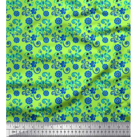 Soimoi Silk Fabric Leaves & Floral Clip Art Printed Fabric 1 Yard 42 Inch Wide