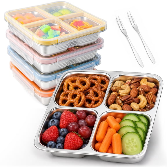 4 Pack Stainless Steel Snack Containers with Lids, 25 oz |4-Compartment Leakproof Bento Snack Boxes with Forks, Reusable Dishwasher Safe Food Storage Containers for Adults, Office, Travel & Meal Prep