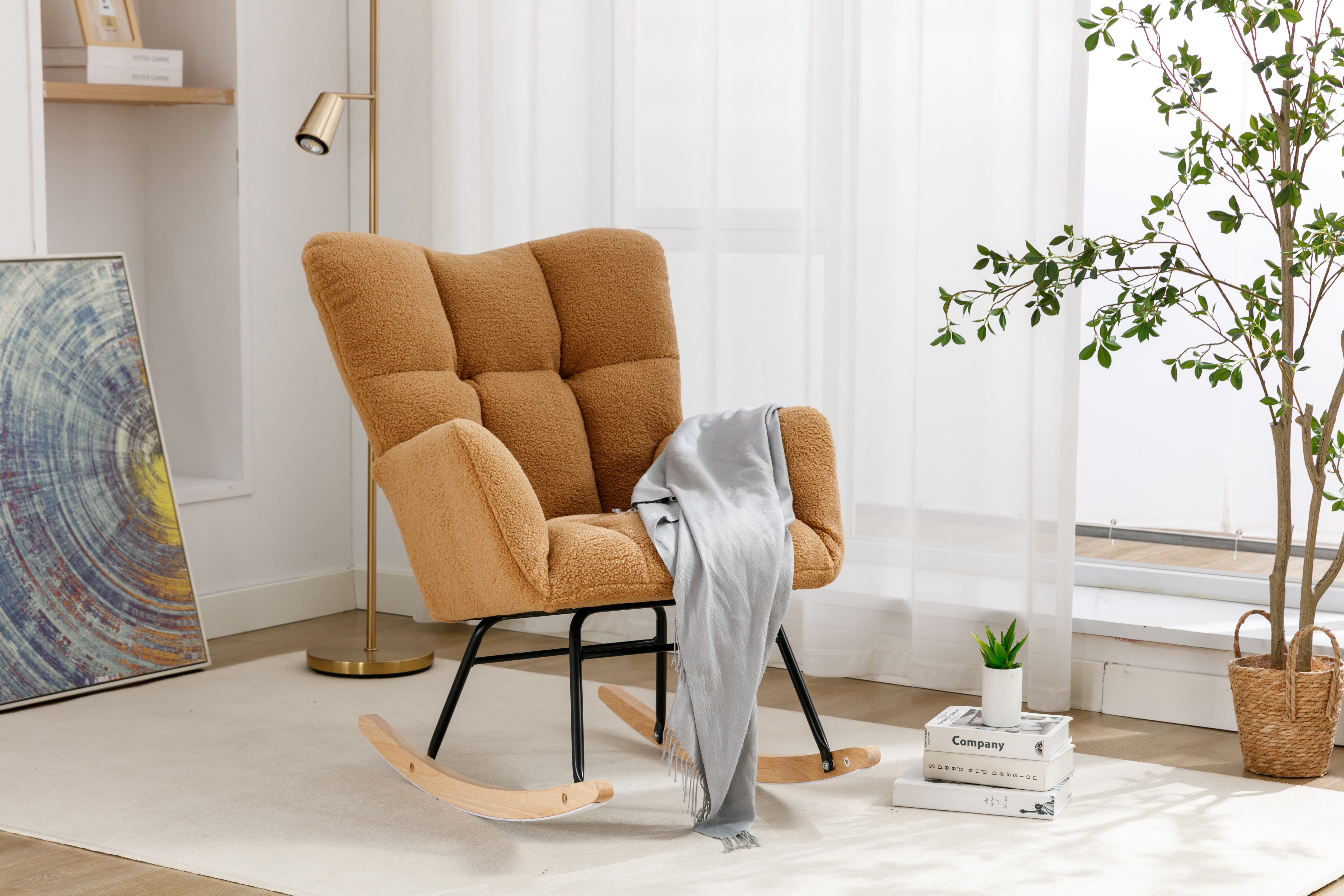 FFZ Teddy Fabric Rocking Glider Nursery Chair For Living Room Indoor Khaki
