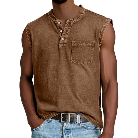 GrmtClth Men's Sleeveless Shirts Acid Wash Denim Tank Tops Henley Button Up Vintage Shirt Workout Solid Tee Top Summer Shirts with Pocket Brown 3XL