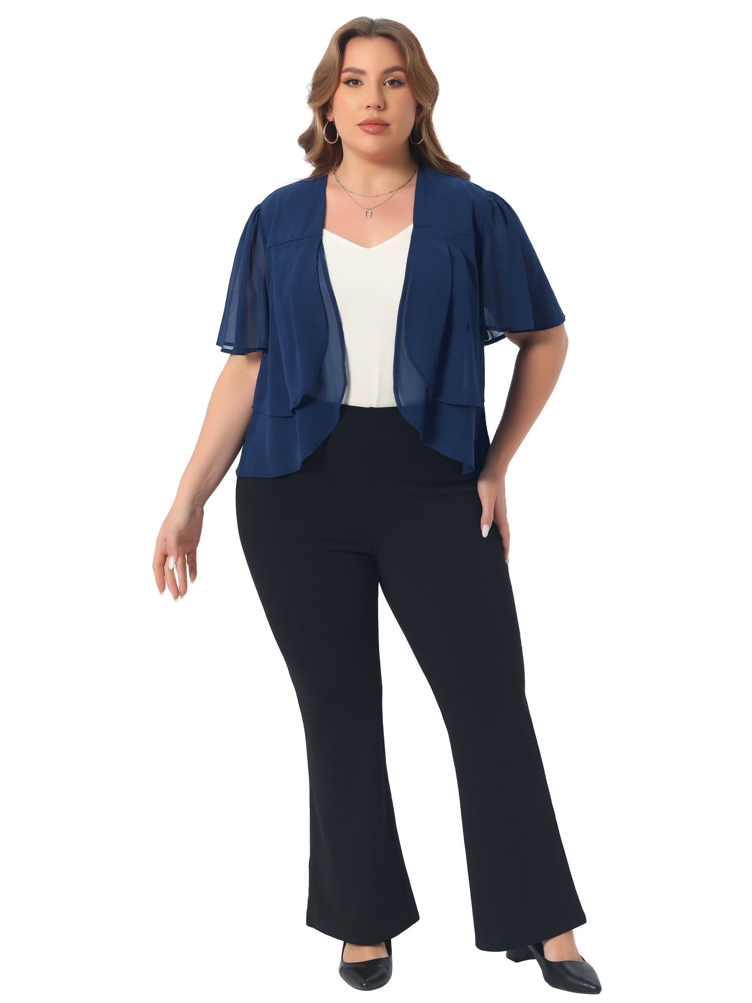 DARING DIVA Women's Plus Cropped Short Sleeve Open Front Sheer Shrug 4X Navy Blue